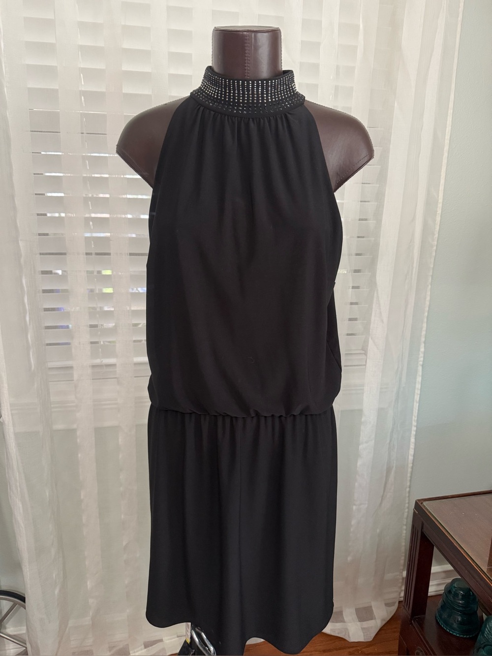 White House Black Market Black Halter Dress with Beaded Collar